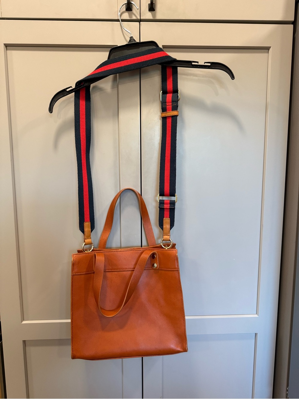 Mark & Graham Cognac Leather Messenger Bag with Navy and Red Striped Strap